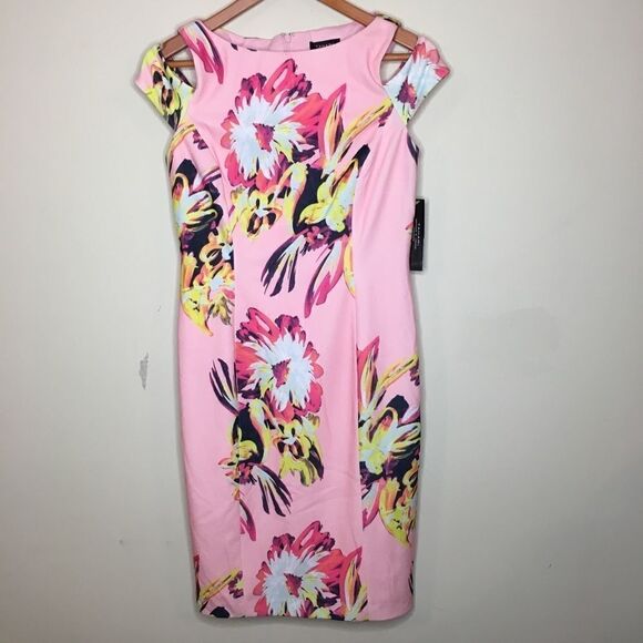 Tahari Sz 6 Floral Cold Shoulder Sheath Dress - Picture 3 of 7
